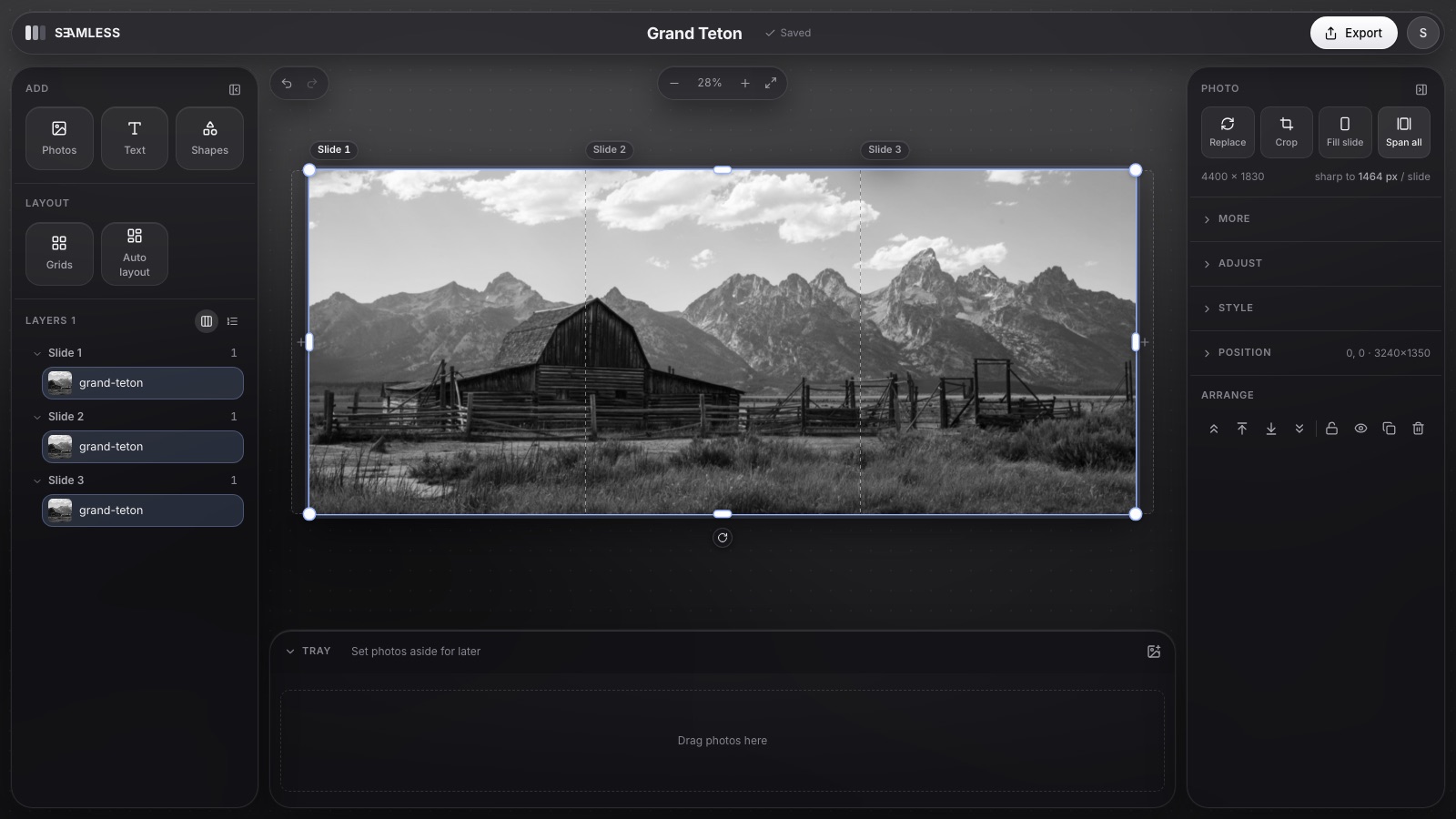 The Seamless editor with one panorama running across all three slides