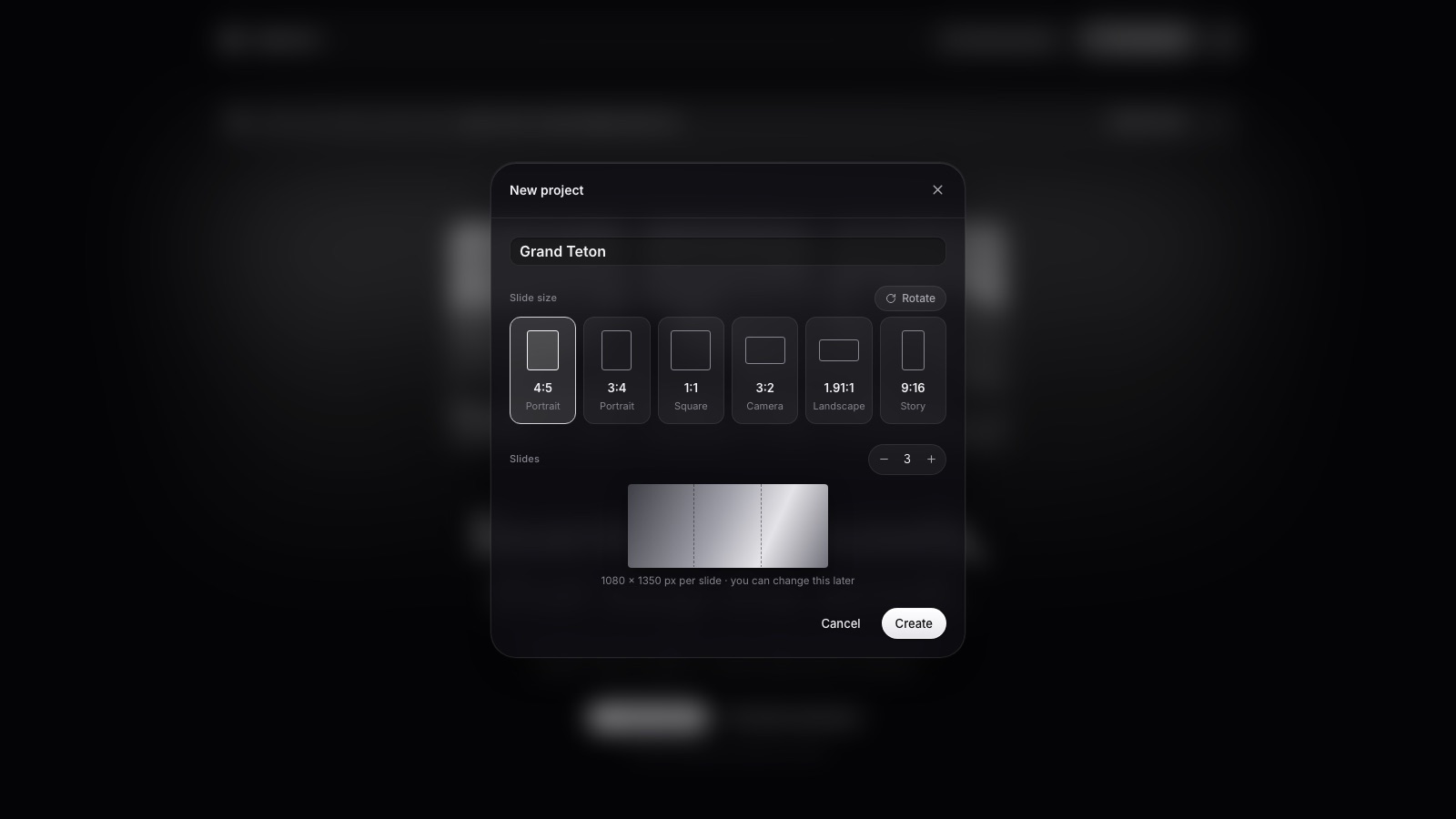 The New project dialog in Seamless, with slide shapes and the number of slides