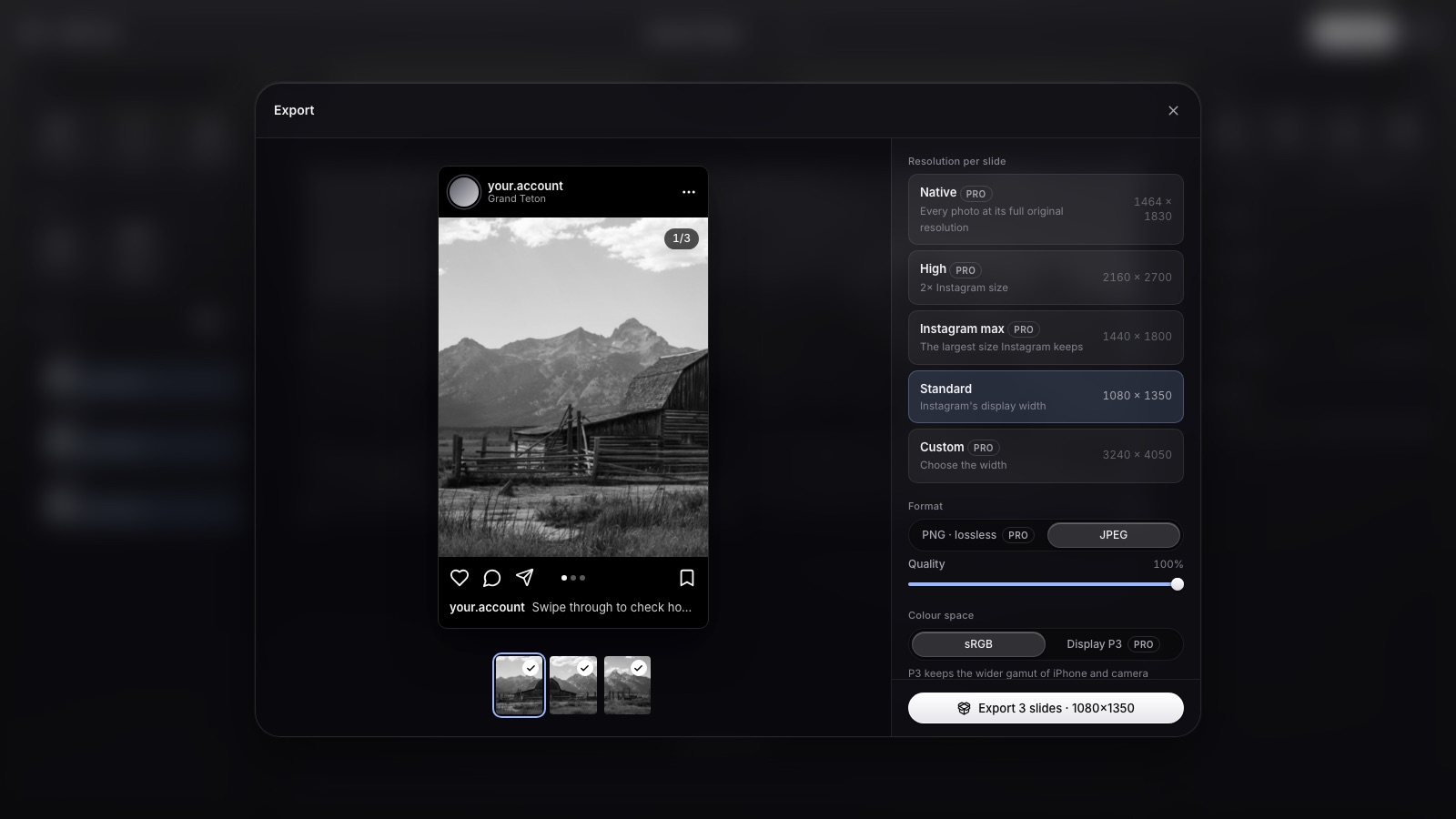 The Export dialog in Seamless, previewing the carousel as followers will swipe it